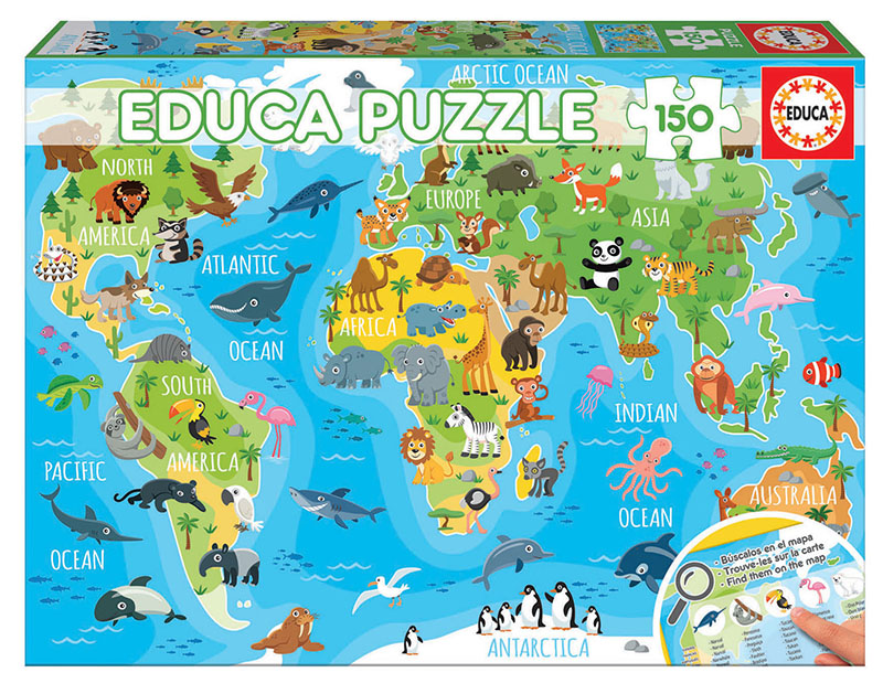 Puzzle World map with animals, 150 pieces