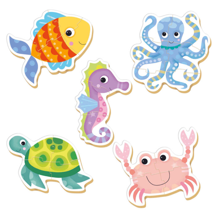 Baby Puzzles Animais Aquáticos Polvo, Tartaruga, Cavalo-Marinho, Caranguejo, Peixe